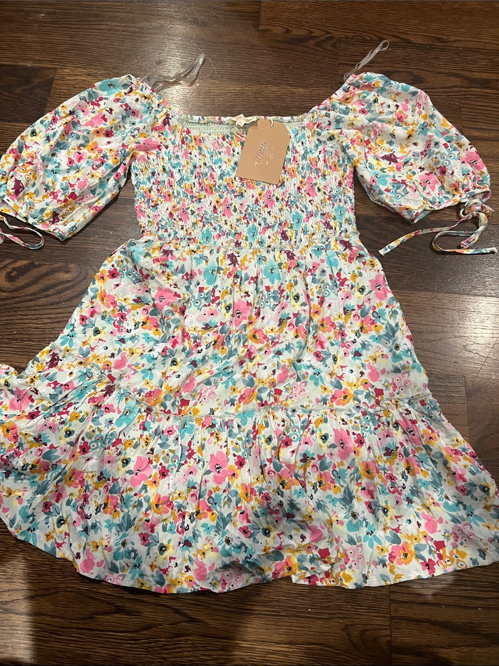 Listicle Floral Smocked Dress in Pink, Teal & Yellow